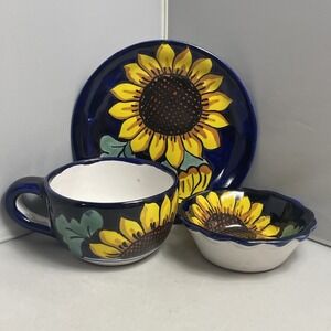 Mexican Pottery Cup Saucer Set 3pc Hand Painted Coffee Tea Sunflower Blue Yellow